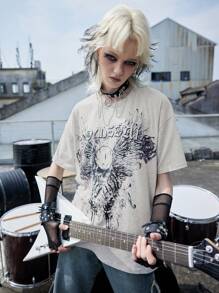 ROMWE Grunge Punk Letter Graphic Drop Shoulder Tee Emo, School - Light Grey - View 3