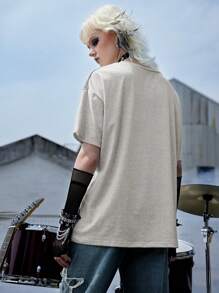 ROMWE Grunge Punk Letter Graphic Drop Shoulder Tee Emo, School - Light Grey - View 4