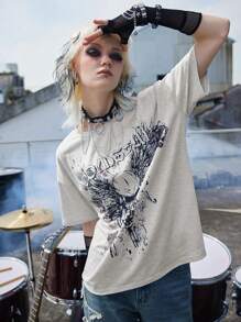 ROMWE Grunge Punk Letter Graphic Drop Shoulder Tee Emo, School - Light Grey - View 5