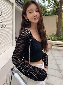 DAZY Xu hướng: Cắt giảm Thả vai Cắt sửa áo lông cừu - màu đen - Xem 2