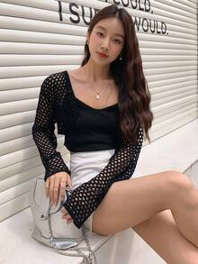 DAZY Xu hướng: Cắt giảm Thả vai Cắt sửa áo lông cừu - màu đen - Xem 3