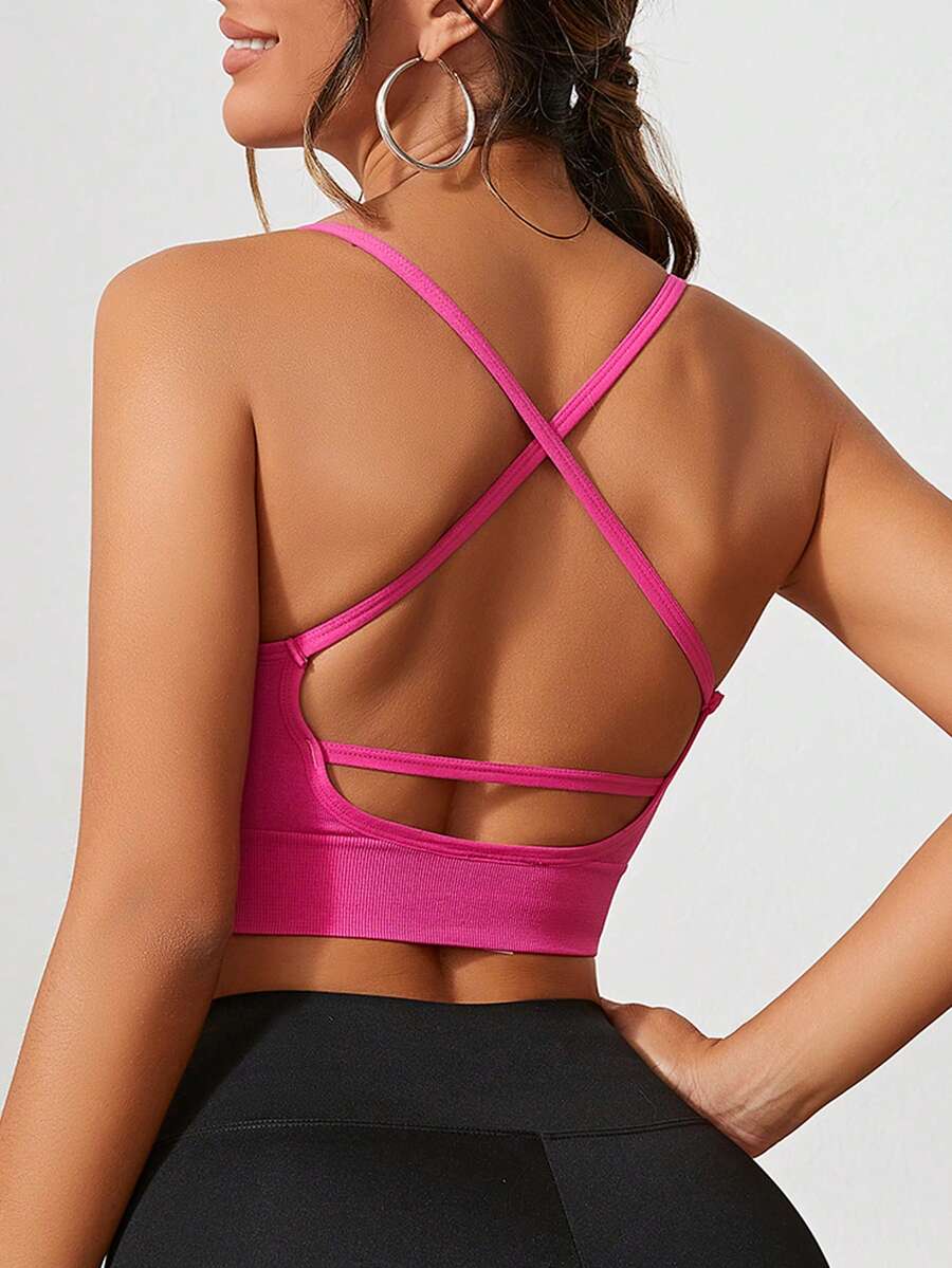 Yoga Sxy 露背交叉吊帶短上衣 - 玫紅色 - 查看 1