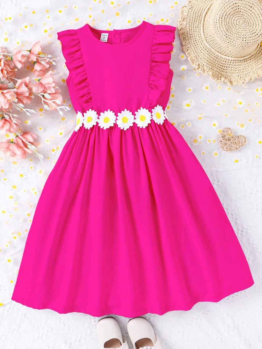 Tween Girl Appliques Ruffle Trim Dress,Holiday,Summer,Travel - Hot Pink - View 1
