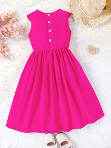 Tween Girl Appliques Ruffle Trim Dress,Holiday,Summer,Travel - Hot Pink - View 2