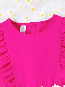 Tween Girl Appliques Ruffle Trim Dress,Holiday,Summer,Travel - Hot Pink - View 5