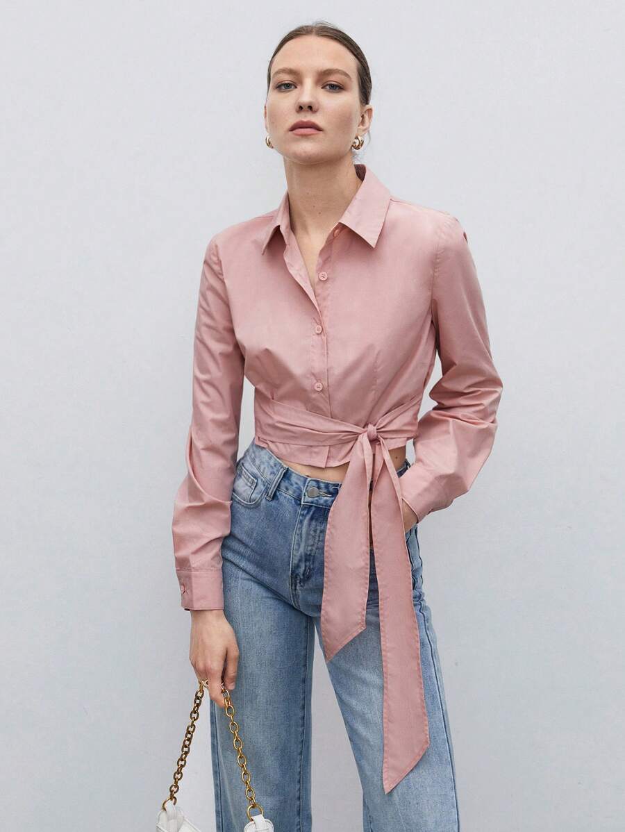 BizChic Bông Chất rắn Tie Trước Áo sơ mi - Bụi hồng - Xem 1