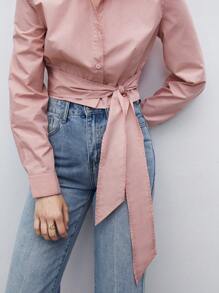 BizChic Bông Chất rắn Tie Trước Áo sơ mi - Bụi hồng - Xem 6