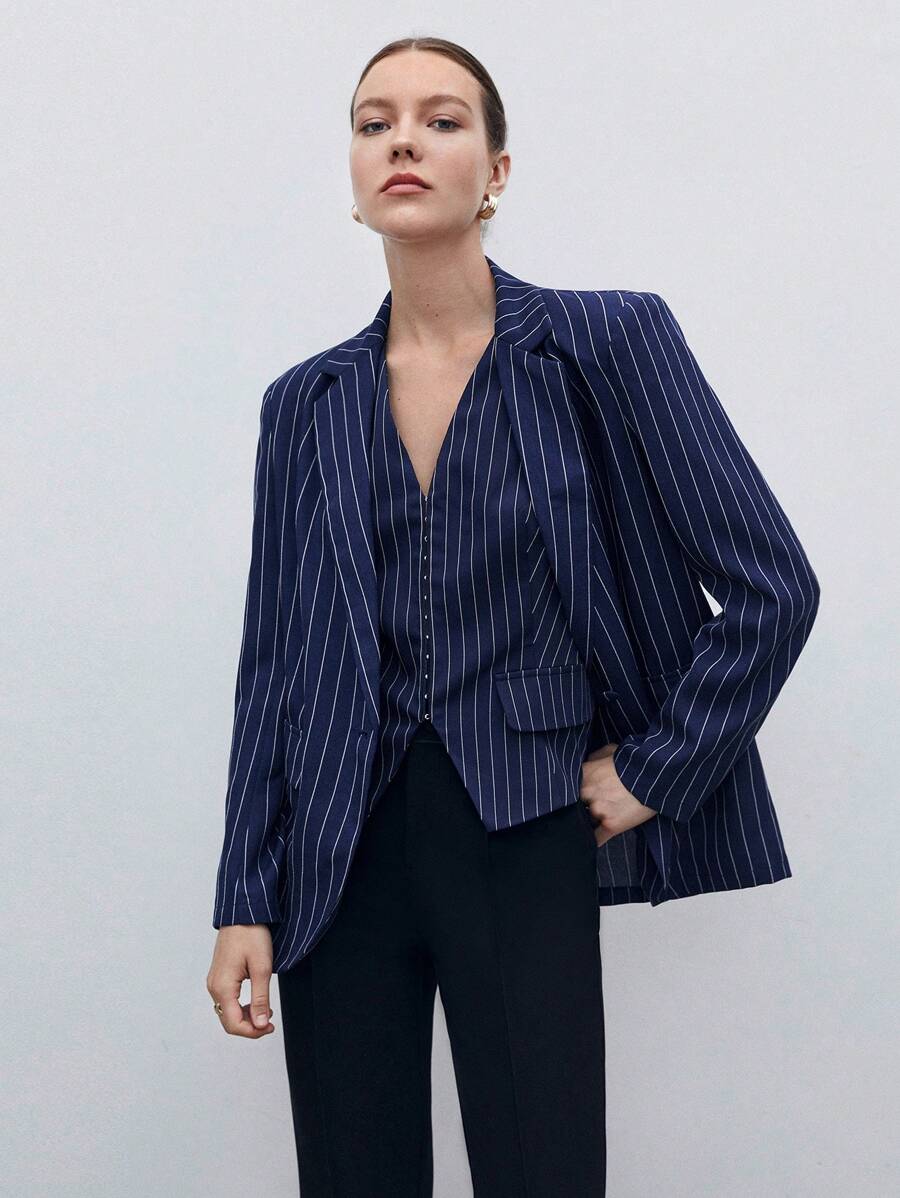 BizChic Striped Print Single Button Blazer Without Vest Workwear