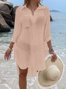 Solid Pocket Front Cover Up - Apricot - View 1