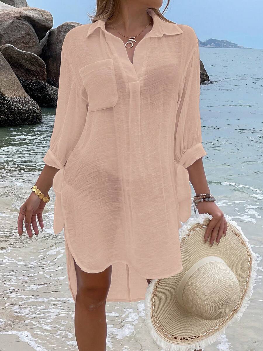 Solid Pocket Front Cover Up - Apricot - View 1