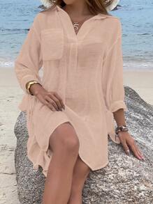 Solid Pocket Front Cover Up - Apricot - View 4