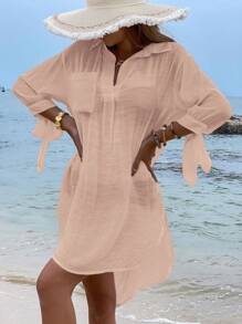 Solid Pocket Front Cover Up - Apricot - View 5