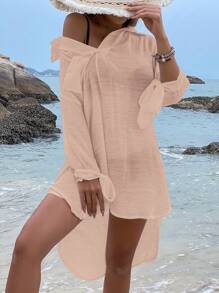 Solid Pocket Front Cover Up - Apricot - View 7