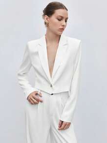 BizChic Lapel Collar Single Button Crop Blazer Workwear - White - View 1