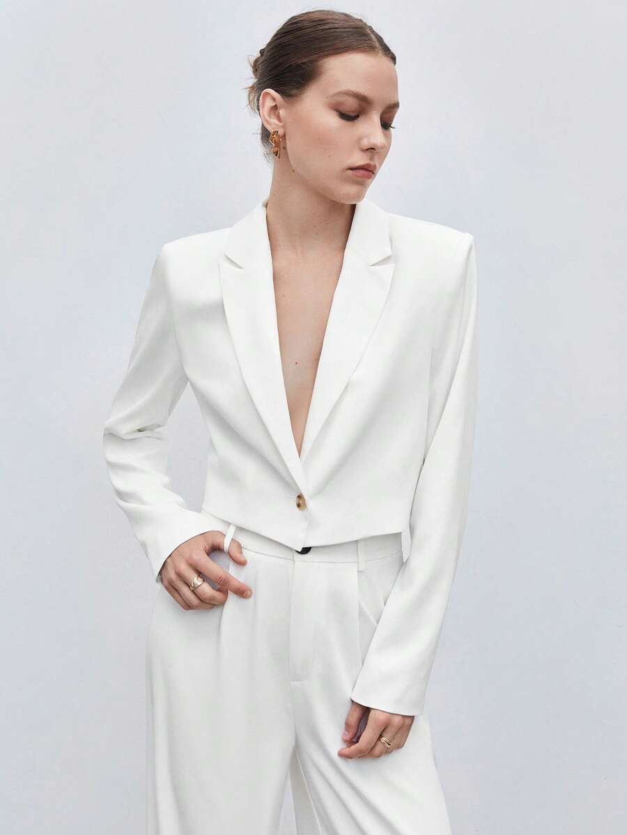 BizChic Lapel Collar Single Button Crop Blazer Workwear - White - View 1