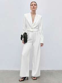 BizChic Lapel Collar Single Button Crop Blazer Workwear - White - View 2