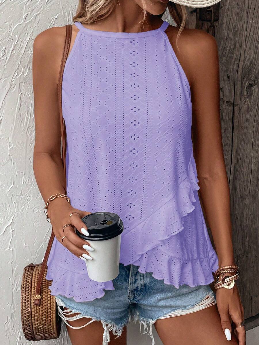 SHEIN LUNE 網眼刺繡荷葉邊掛脖上衣 - 紫色 - 查看 1