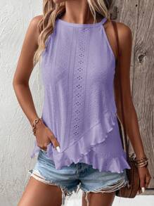 SHEIN LUNE 網眼刺繡荷葉邊掛脖上衣 - 紫色 - 查看 3