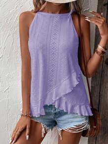 SHEIN LUNE 網眼刺繡荷葉邊掛脖上衣 - 紫色 - 查看 4