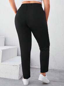 EURMUSE Plus Solid Slant Pocket Elastic Waist Trousers - Black - View 2