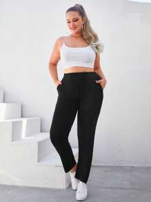 EURMUSE Plus Solid Slant Pocket Elastic Waist Trousers - Black - View 5