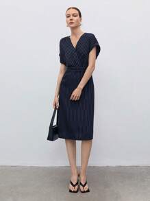 BizChic 條紋圖案蝙蝠袖繫腰帶連衣裙 - 藏蓝色 - 查看 3