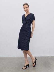 BizChic 條紋圖案蝙蝠袖繫腰帶連衣裙 - 藏蓝色 - 查看 5
