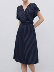 BizChic 條紋圖案蝙蝠袖繫腰帶連衣裙 - 藏蓝色 - 查看 8