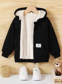 SHEIN Young Boy Letter Patched Detail Teddy Lined Hooded Jacket - Black - View 1