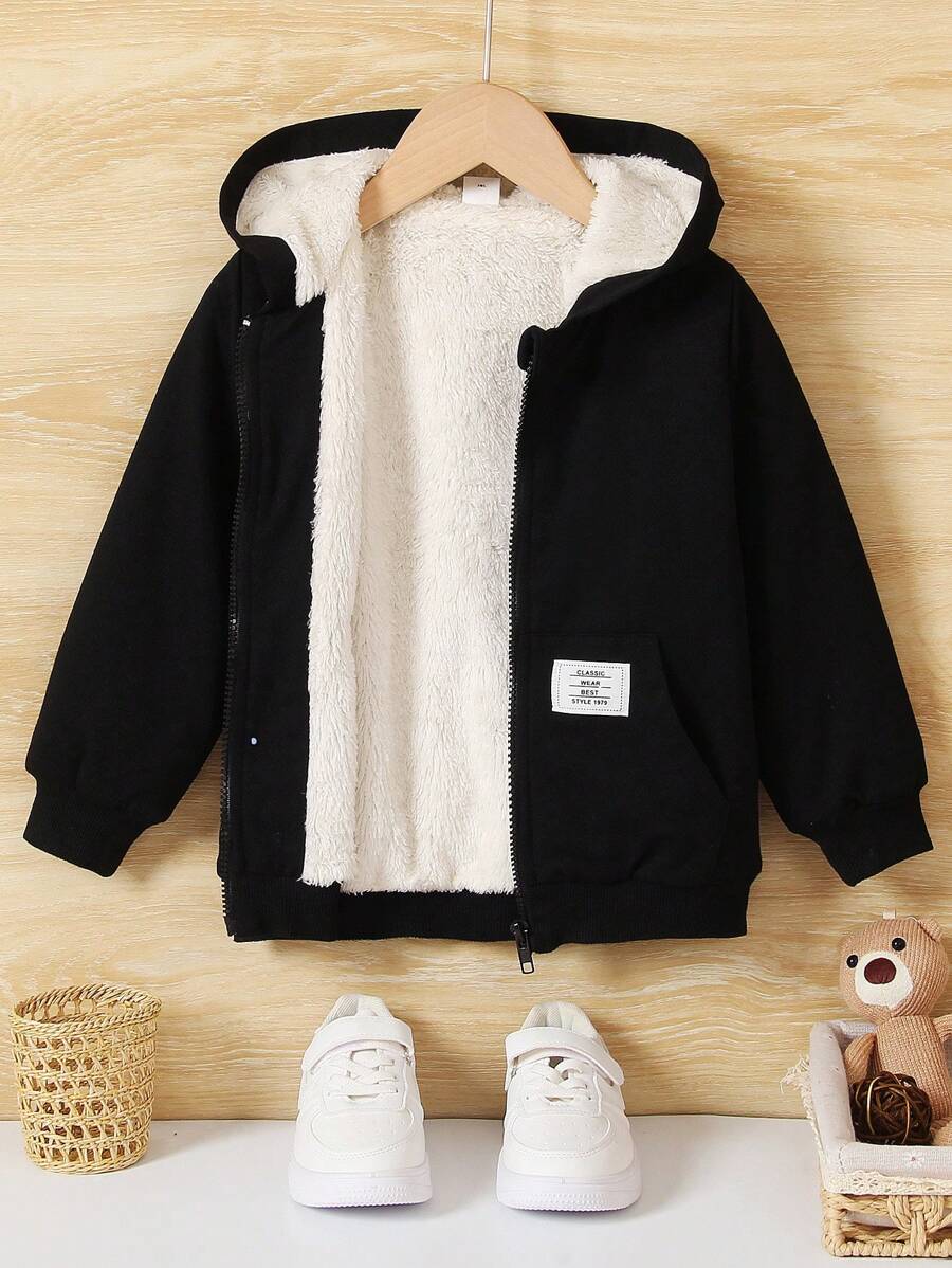 SHEIN Young Boy Letter Patched Detail Teddy Lined Hooded Jacket - Black - View 1