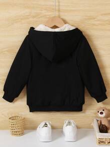 SHEIN Young Boy Letter Patched Detail Teddy Lined Hooded Jacket - Black - View 2