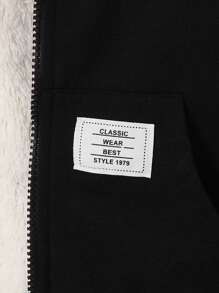 SHEIN Young Boy Letter Patched Detail Teddy Lined Hooded Jacket - Black - View 3