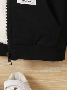 SHEIN Young Boy Letter Patched Detail Teddy Lined Hooded Jacket - Black - View 6