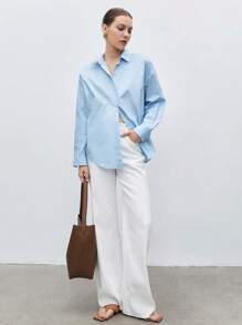 BizChic Bông Chất rắn Tách rời Thả vai Áo sơ mi Trang phục làm việc - Màu xanh nhạt - Xem 4
