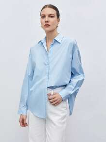 BizChic Bông Chất rắn Tách rời Thả vai Áo sơ mi Trang phục làm việc - Màu xanh nhạt - Xem 6