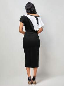 SHEIN LUNE 撞色紐扣細節不對稱領蝙蝠袖連衣裙 - 黑色 - 查看 4