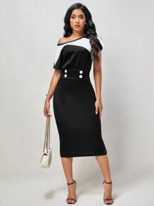 SHEIN LUNE 撞色紐扣細節不對稱領蝙蝠袖連衣裙 - 黑色 - 查看 5