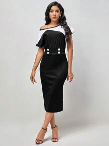 SHEIN LUNE 撞色紐扣細節不對稱領蝙蝠袖連衣裙 - 黑色 - 查看 3