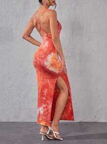 SHEIN Privé 紮染高衩吊帶連衣裙 - 彩色 - 查看 2