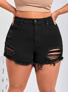 Quần short denim oversized Nút Túi Hem thô Bị tách Dây kéo màu trơn - màu đen - Xem 1