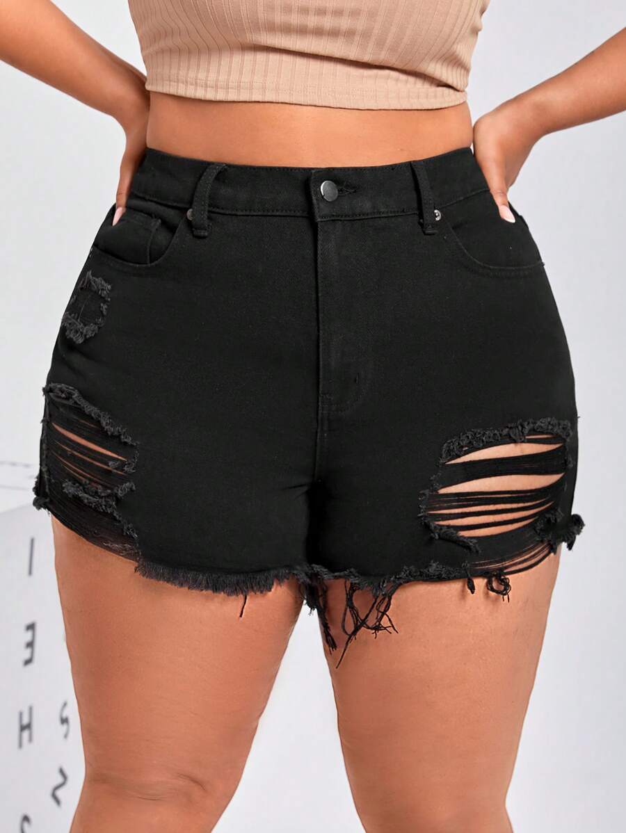 Quần short denim oversized Nút Túi Hem thô Bị tách Dây kéo màu trơn - màu đen - Xem 1