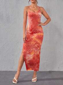 SHEIN Privé 紮染高衩吊帶連衣裙 - 彩色 - 查看 5