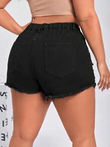 Quần short denim oversized Nút Túi Hem thô Bị tách Dây kéo màu trơn - màu đen - Xem 2