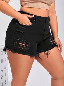 Quần short denim oversized Nút Túi Hem thô Bị tách Dây kéo màu trơn - màu đen - Xem 5