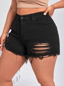 Quần short denim oversized Nút Túi Hem thô Bị tách Dây kéo màu trơn - màu đen - Xem 6