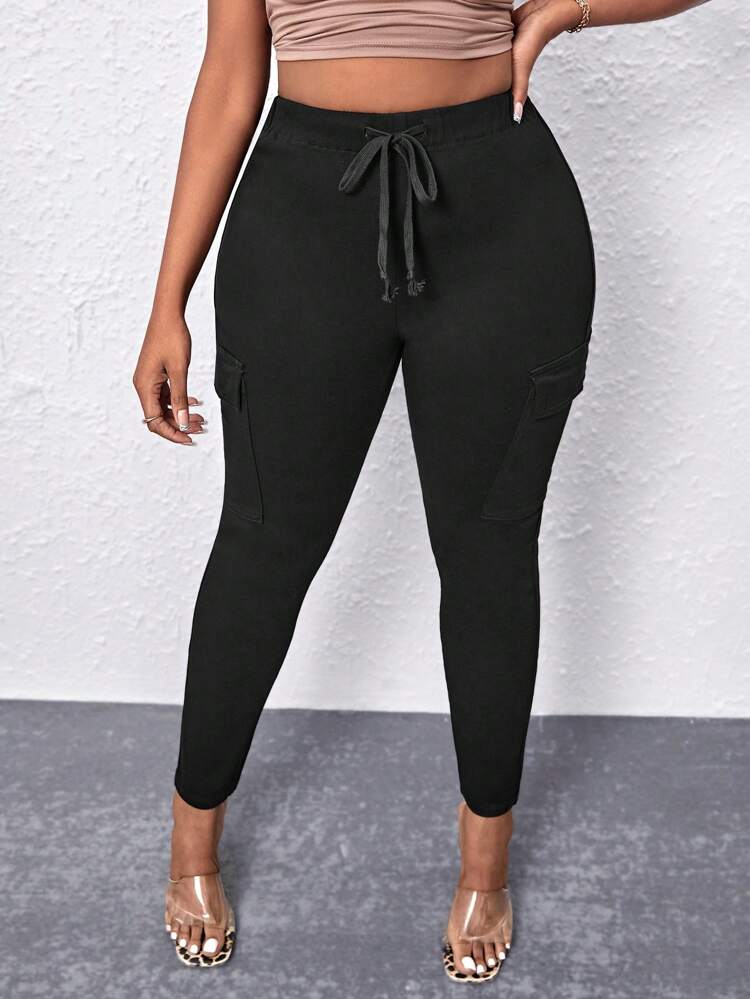 Plus Drawstring Waist Flap Pocket Side Pants Fall Cloth For Women
