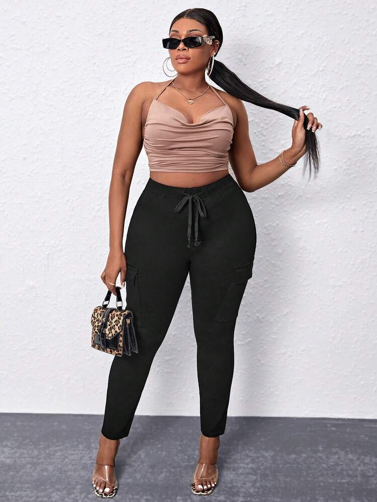 Plus Drawstring Waist Flap Pocket Side Pants Fall Cloth For Women