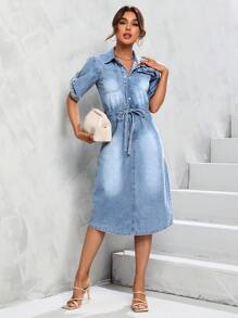 SHEIN Essnce Roll Up Sleeve Drawstring Waist Denim Dress - Light Wash - View 1