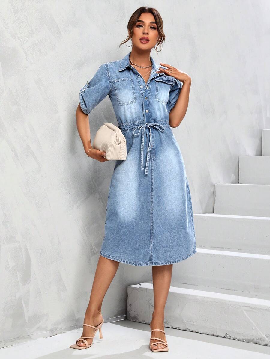 SHEIN Essnce Roll Up Sleeve Drawstring Waist Denim Dress - Light Wash - View 1