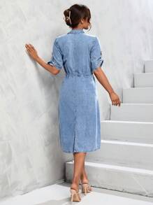 SHEIN Essnce Roll Up Sleeve Drawstring Waist Denim Dress - Light Wash - View 2